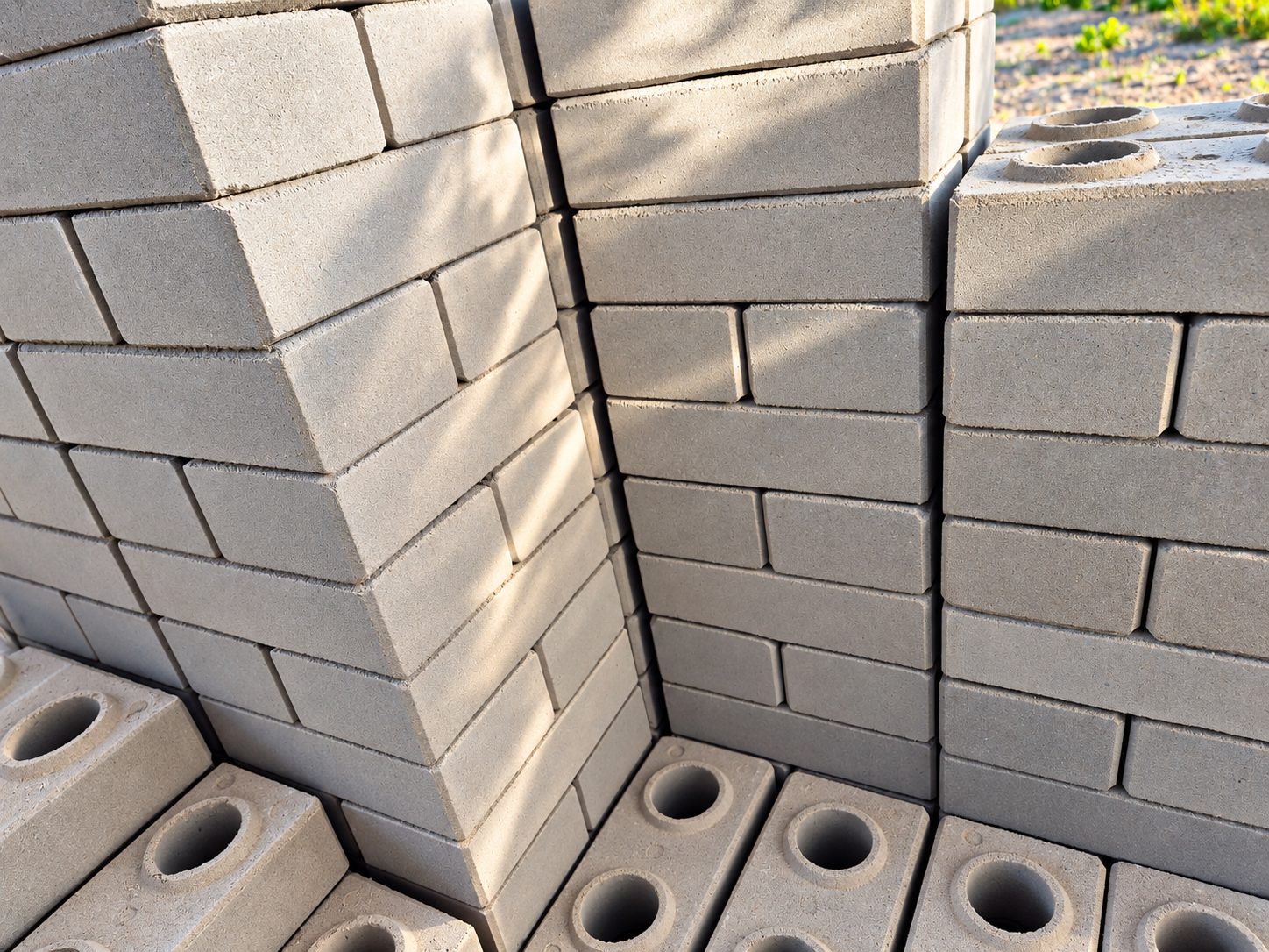 Tijolos ecológicos cinza empilhados mostrando o encaixe modular